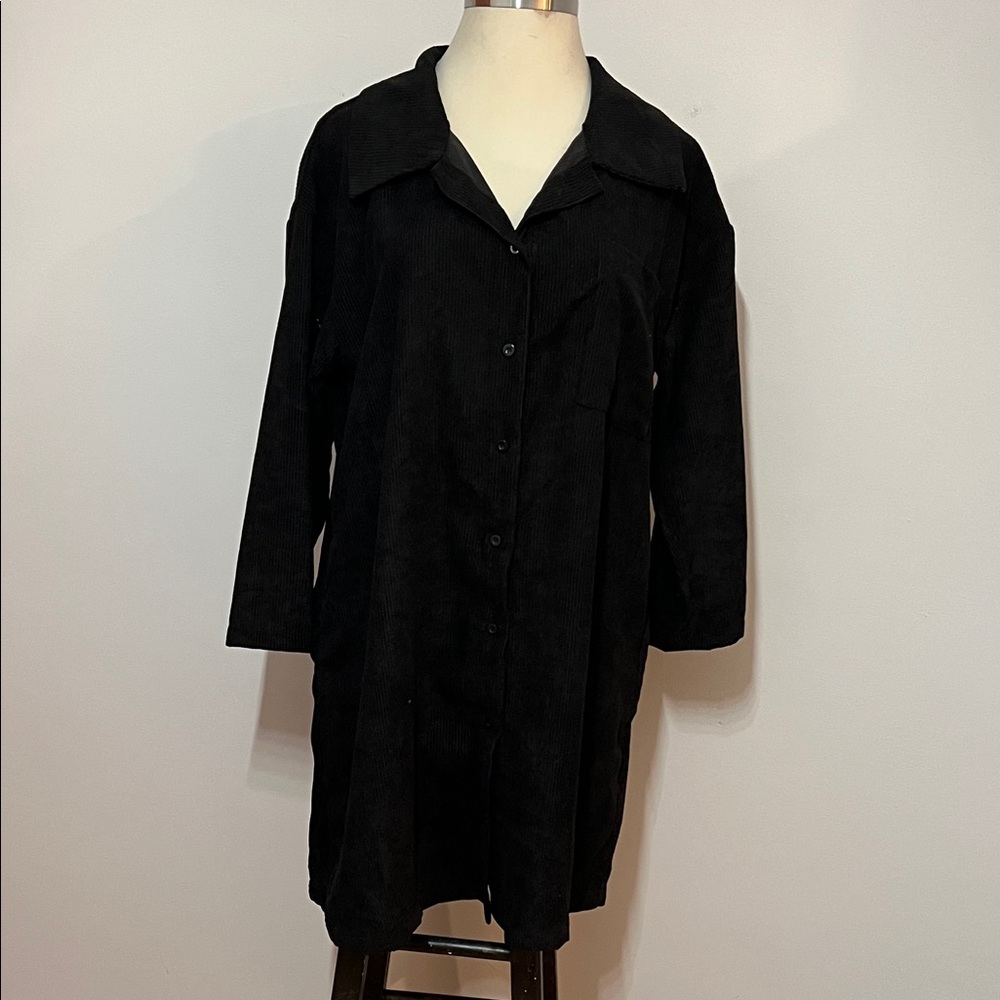 Corduroy Black Long Sleeve Collard Button Front Shirt Dress with Pockets